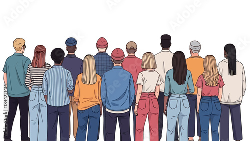 Diverse Group of People Standing Together, Viewed from Behind, Diverse Crowd