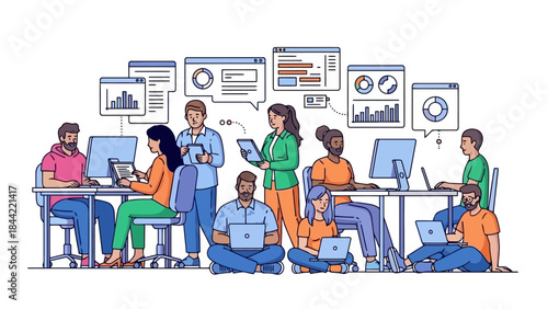 Diverse team collaborating on a project with laptops and data visualizations