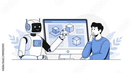 Robot and Man Collaborating on 3D Design Project on a Computer Screen