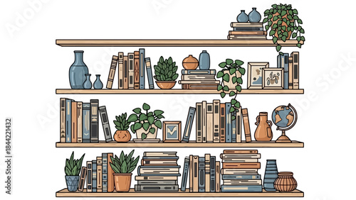 Cozy Wooden Bookshelves Filled with Books, Plants, and Decorative Items
