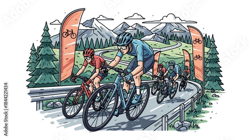 Cyclists Competing on a Winding Road Amidst Mountain Scenery and Pine Trees