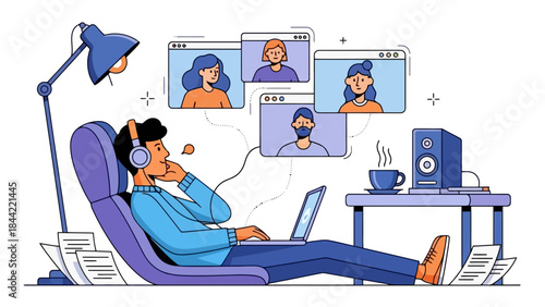 Man with Headphones on Video Call Working Remotely from Home Setup