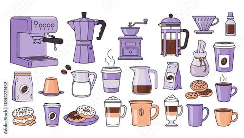 Vector Collection of Coffee Making Equipment, Drinks and Sweets