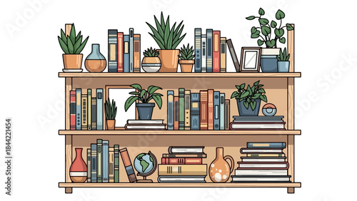 Vector Illustration of a Wooden Bookshelf Filled with Books and Potted Plants
