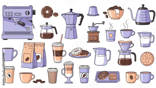 Collection of Coffee Making Utensils, Drinks, and Pastries Vector Illustration