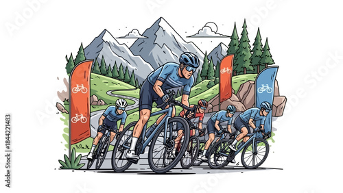 Cyclists racing uphill on a winding mountain road with flags and trees