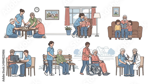 Senior Care Illustration Set: Daily Activities and Healthcare in a Nursing Home