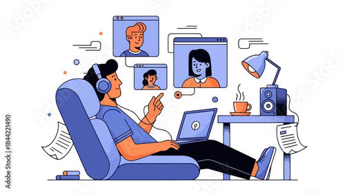 Man in headphones at home having a video conference call on a laptop