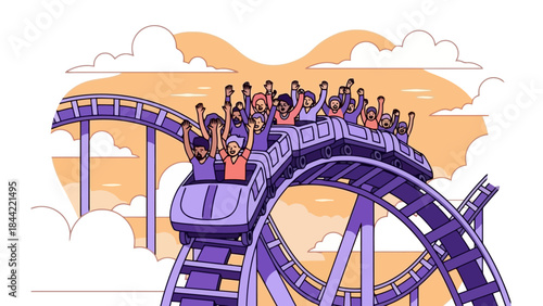 Excited People Riding a Roller Coaster at an Amusement Park on a Sunny Day