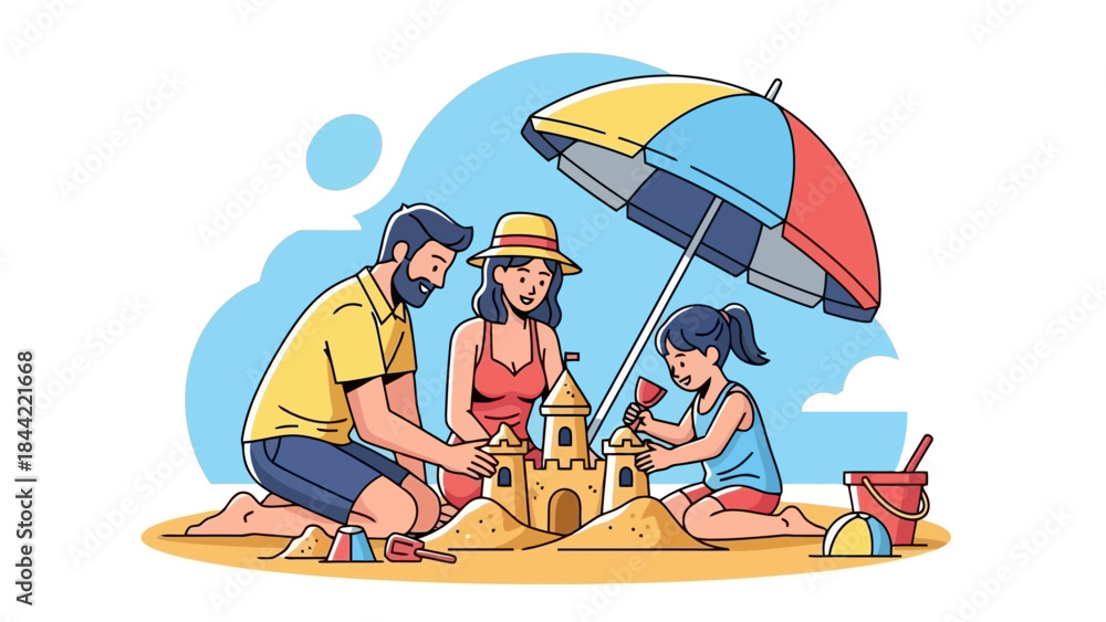 Fototapeta premium Family Building Sandcastle Together Under Beach Umbrella on Sunny Day