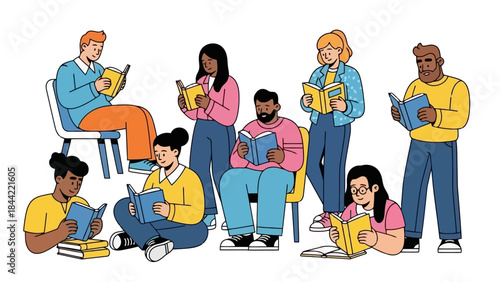 Diverse Group of People Reading Books Together, Enjoying Literature and Learning