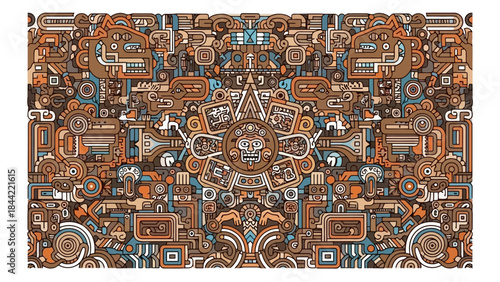 Aztec Sun Stone Inspired Intricate Vector Illustration in Warm Earth Tones