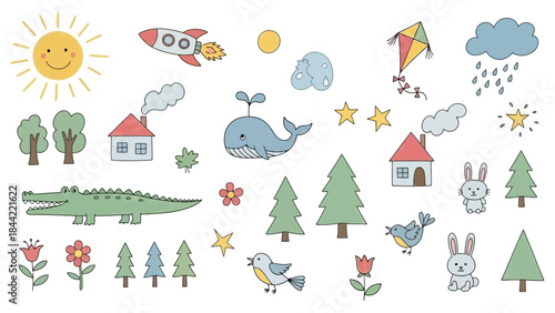 Whimsical Cartoon Collection of Nature, Animals, and Objects in a Playful Style