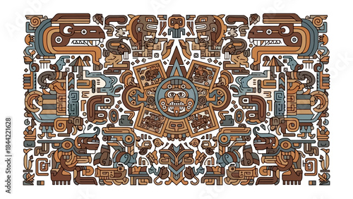 Ancient Aztec Sun Stone Calendar Mayan Glyph Art with Mythical Creatures