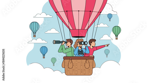 Diverse Group in Hot Air Balloon Exploring Sky with Binoculars and Telescope