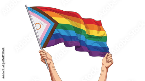 Progress Pride Flag Waved by Hands, Symbolizing LGBTQ+ Rights and Inclusivity