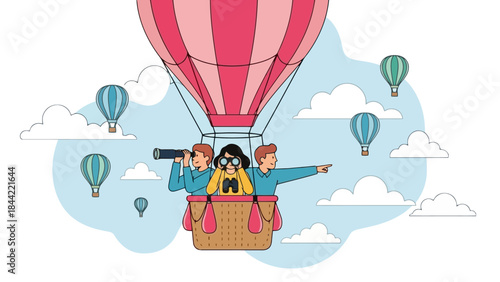 Diverse Team in Hot Air Balloon Exploring New Horizons with Binoculars and Maps
