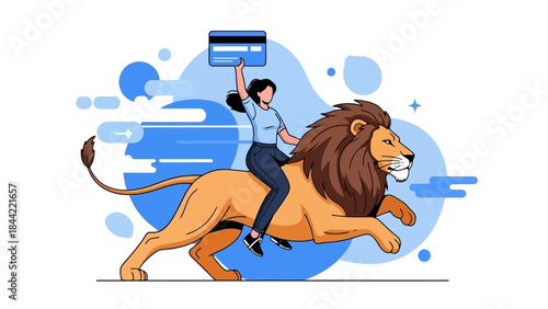 Woman Riding Lion Holding Credit Card with Blue Abstract Shapes Background