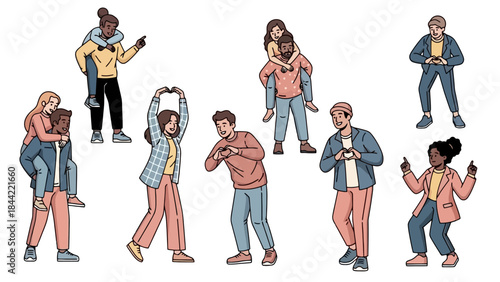 Diverse Group of People Posing Together with Playful Gestures and Piggyback Rides