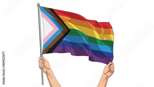 Two Hands Holding the Progress Pride Flag Waving, Symbolic Representation of LGBTQ+ Pride
