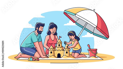 Happy Family Building Sandcastle on Beach Under Sunny Sky with Umbrella
