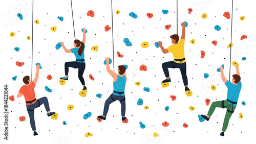 Diverse Group of People Rock Climbing Indoors on Colorful Wall