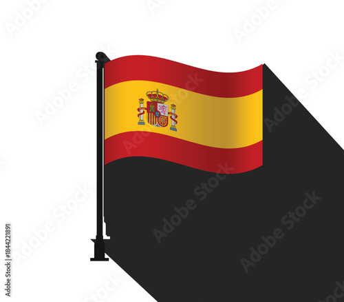 Spanish flag waving on flagpole flat design with long shadow 