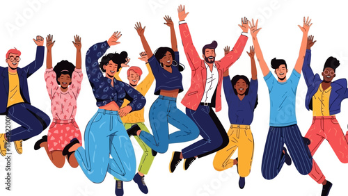 Diverse Group of Happy People Jumping in Celebration, Expressing Joy and Success