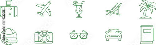A collection of 10 blurry icons featuring travel and tourism related symbols and objects