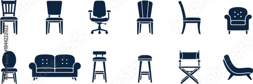 Collection of various furniture pieces in simple black silhouettes on white background