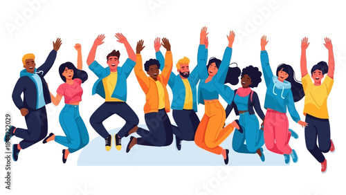Diverse Group of Young People Joyfully Jumping in Celebration Against White Background