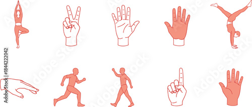 Human Body Gesture and Pose Illustration Set Showing Yoga, Running, Walking and Hand Sign Silhouettes in Minimal Line Style