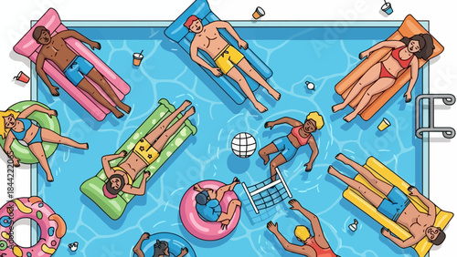 Diverse People Enjoying Summer Fun and Relaxation on Inflatables in a Pool