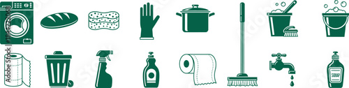Collection of household cleaning supplies and tools