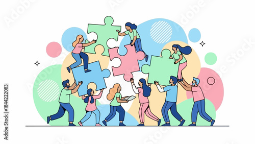 Diverse team collaborates to build a puzzle, symbolizing teamwork and shared goals