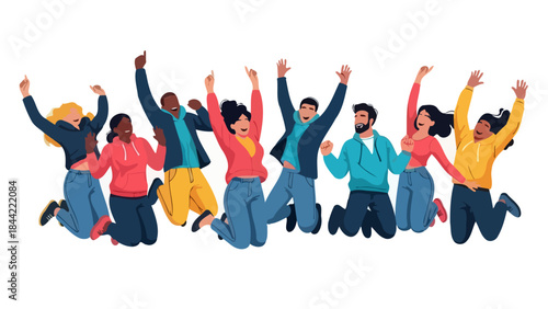 Diverse Group of Friends Joyfully Jumping Together in Celebration