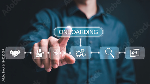 Man touching screen with onboarding process icons