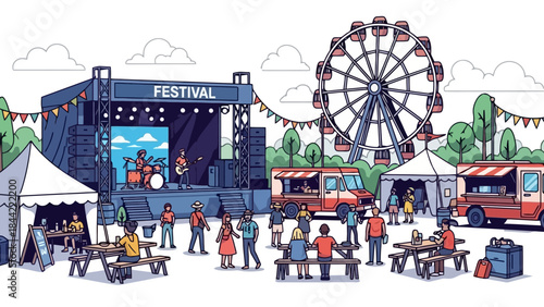 Diverse Crowd Enjoying Outdoor Festival with Music, Food Trucks, and Ferris Wheel