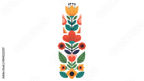 Folk Art Floral Illustration with Vibrant Colors on White Background