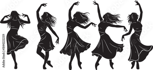 Group of Five Black Female Dancer Silhouettes in Modern or Contemporary Skirts - Women Performing Choreographed Routine with Dynamic Poses Vector for Studio and Theatre Design