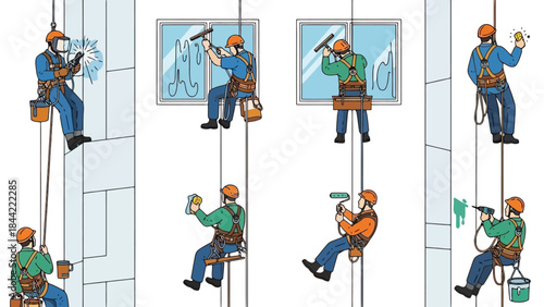 Diverse Construction Workers Perform Various High-Rise Building Maintenance Tasks Safely