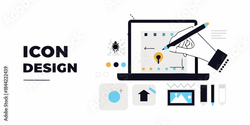 Digital illustration of a laptop showcasing icon design and creative tools