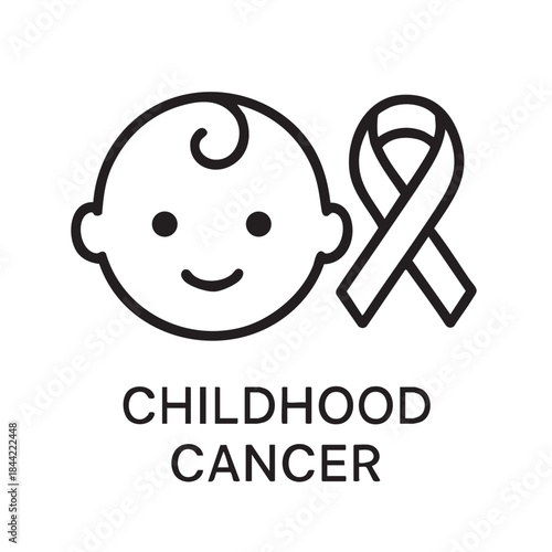 A simple black and white illustration depicting a baby s face alongside a ribbon symbolizing childhood cancer awareness