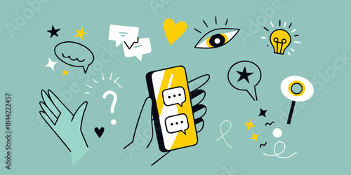 Creative ideas and communication illustrated with a phone eye and lightbulb