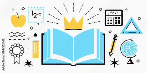 Learning and education icons books apples globes and mathematical symbols