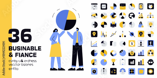 Business finance icons and a pie chart with a person raising arms