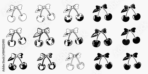 A collection of black and white cherry illustrations with delicate bow accents