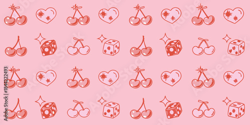 Repeating pattern of cherries hearts dice and stars on a pink background