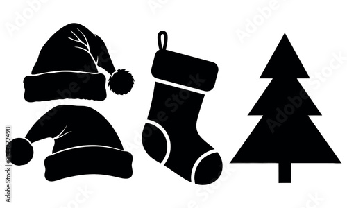 Christmas Silhouette Set - Santa Hat, Stocking, and Pine Tree Vector Icons