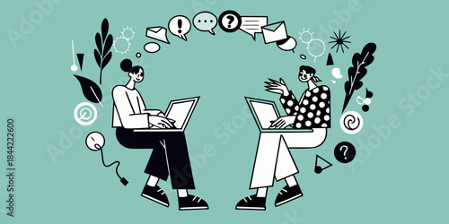 Two people collaborating remotely using laptops surrounded by communication icons